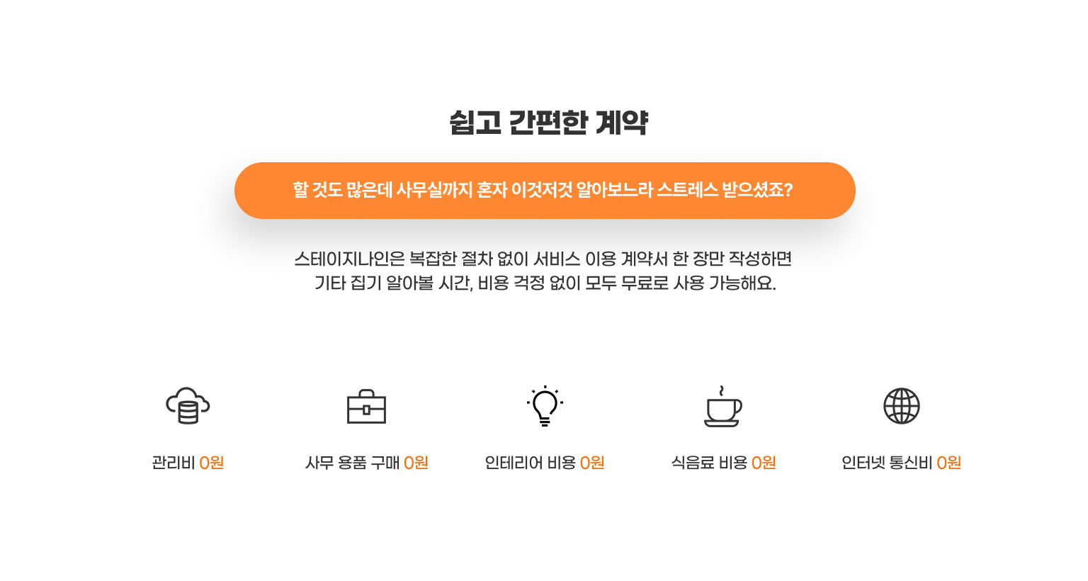 쉽고 간편한 계약
                  할 것도 많은데 사무실까지 혼자 이것저것 알아보느라 스트레스 받으셨죠? 
                  스테이지나인은 복잡한 절차 없이 서비스 이용 계약서 한 장만 작성하면 
                  기타 집기 알아볼 시간, 비용 걱정 없이 모두 무료로 사용 가능해요.

                  - 관리비 0원
                  - 사무 용품 구매 0원
                  - 인테리어 비용 0원
                  - 식음료 비용 0원
                  - 인터넷 통신비 0원
                  