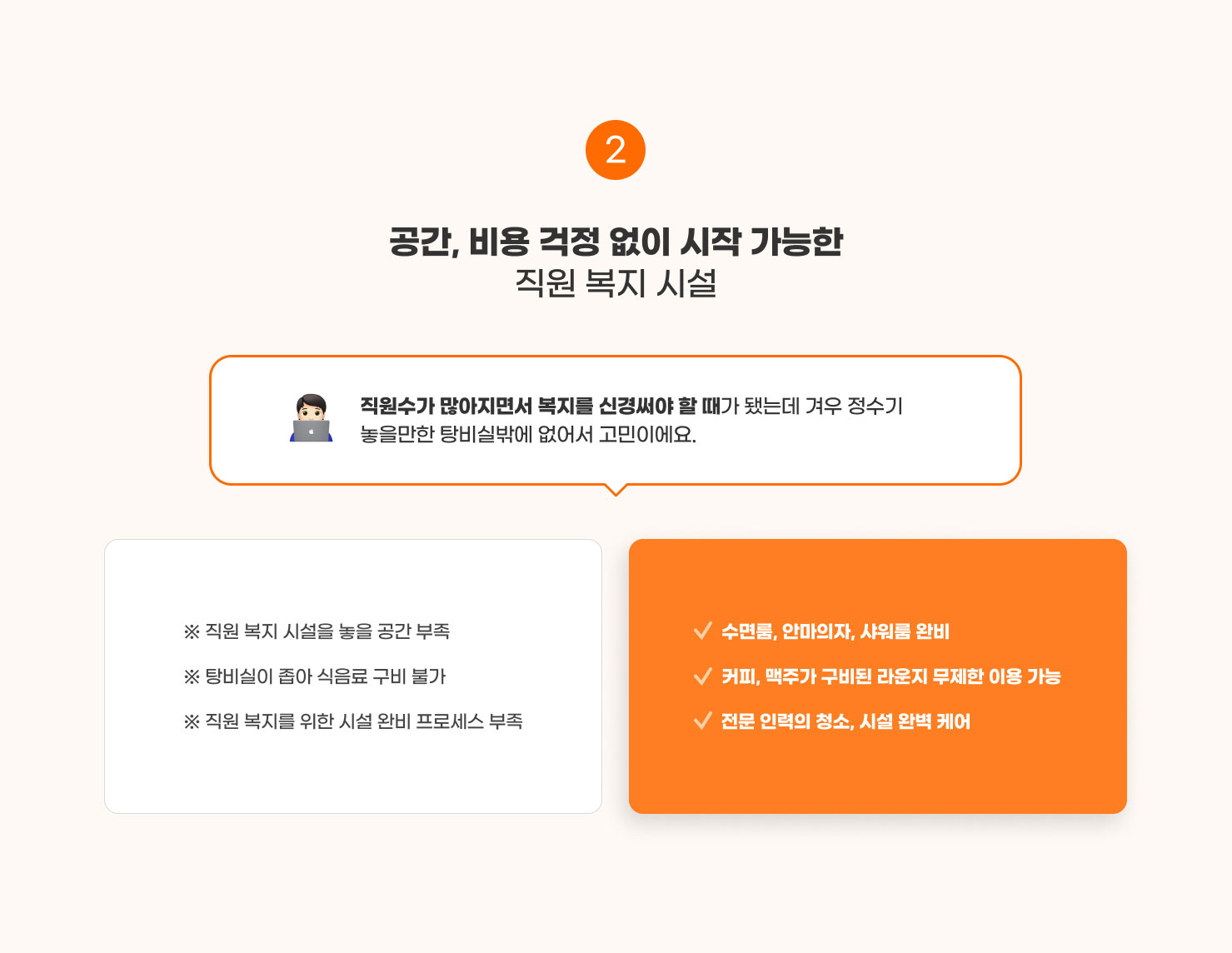 
                  2. 공간, 비용 걱정 없이 시작 가능한​ 직원 복지 시설​

                  직원수가 많아지면서 복지를 신경써야 할 때가 됐는데 겨우 정수기 놓을만한 탕비실밖에 없어서 고민이에요.
                  ※ 직원 복지 시설을 놓을 공간 부족 -> 수면룸, 안마의자, 샤워룸 완비​
                  ※ 탕비실이 좁아 식음료 구비 불가 -> 커피, 맥주가 구비된 라운지 무제한 이용 가능​
                  ※ 직원 복지를 위한 시설 완비 프로세스 부족​ -> ️전문 인력의 청소, 시설 완벽 케어​
                  