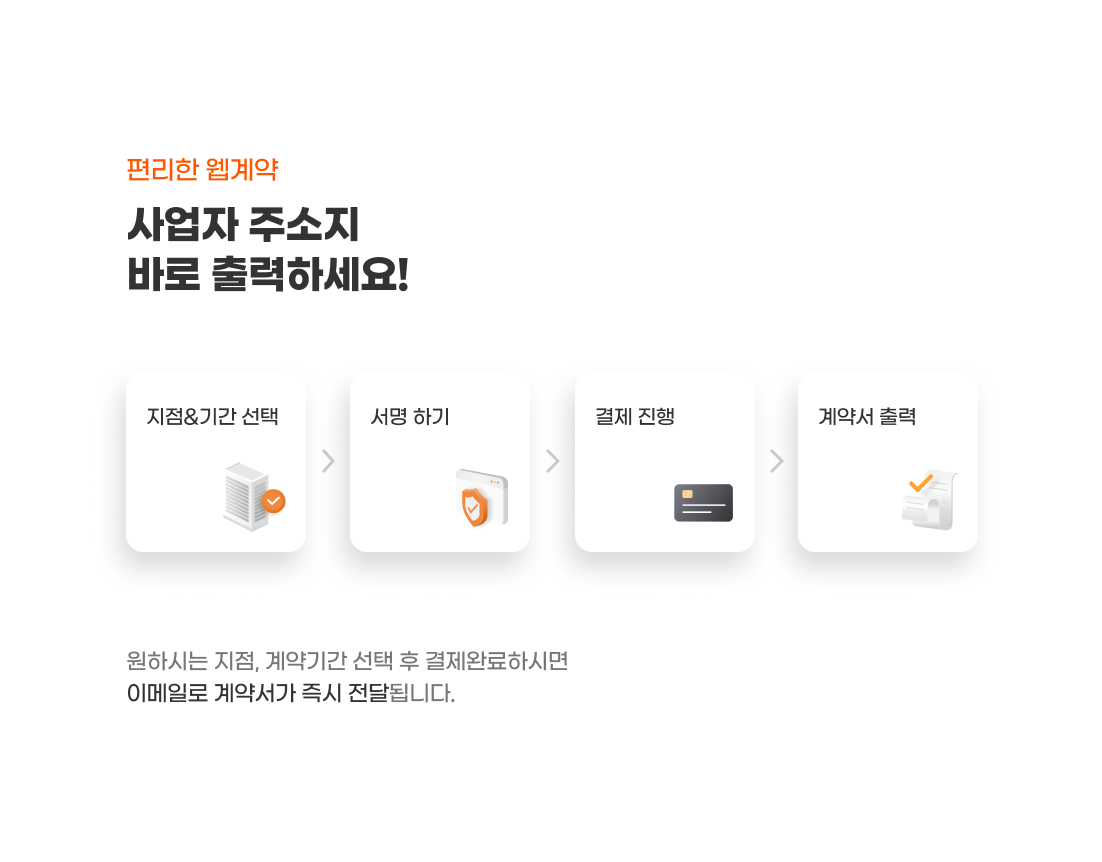 편리한 웹계약
사업자 주소지
바로 출력하세요!
- 지점&기간 선택
- 서명 하기
- 결제 진행
- 계약서 출력
원하시는 지점, 계약기간 선택 후 결제완료하시면
이메일로 계약서가 즉시 전달됩니다.