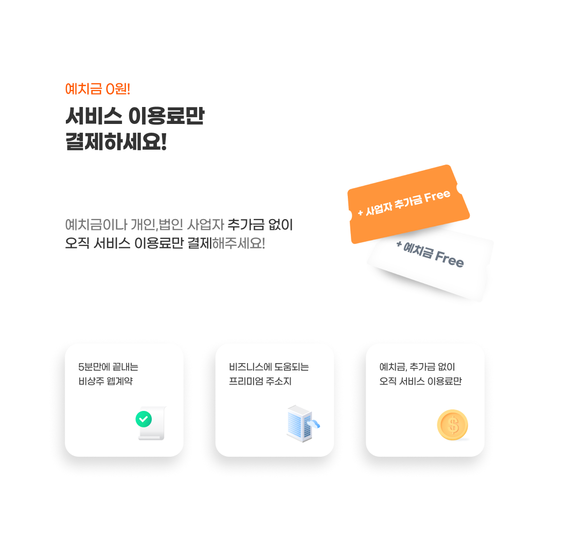 예치금 0원!
서비스 이용료만 결제하세요!
예치금이나 개인,법인 사업자 추가금 없이 오직 서비스 이용료만 결제해주세요!
- 5분만에 끝내는 비상주 웹계약
- 비즈니스에 도움되는 프리미엄 주소지
- 예치금, 추가금 없이 오직 서비스 이용료만